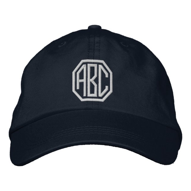 Custom White Embroidered Hat Monogram on Navy Cap (Front)