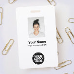 Custom White Employee Photo, Bar Code, Logo, Name Badge<br><div class="desc">Easily personalize this Custom White Employee Name Badge with Photo, Scan Bar Code and business logo. A simple business design in navy blue and white colors fully customizable in front and back sizes, sans-serif basic and modern fonts and a professional and clear look. Avaiable with lanyard, metal clip or with...</div>