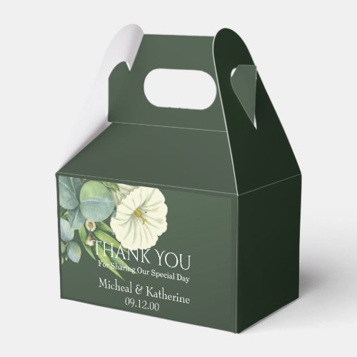 Custom White Floral And Emerald Green Thank You Favor Boxes