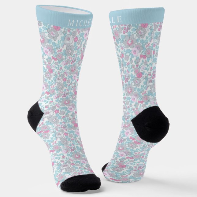 Custom White Floral Blue Pink Pastel  Flowers  Socks (Angled)