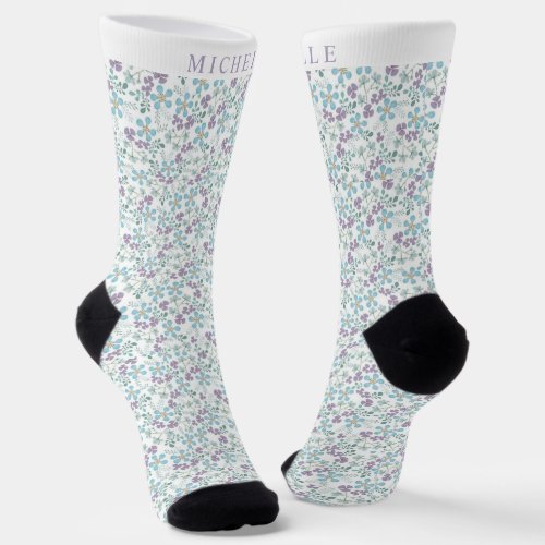 Custom White Floral Blue Purple Flowers Pattern Socks