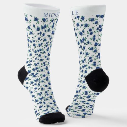 Custom White Floral Light Dark Blue Flowers Socks