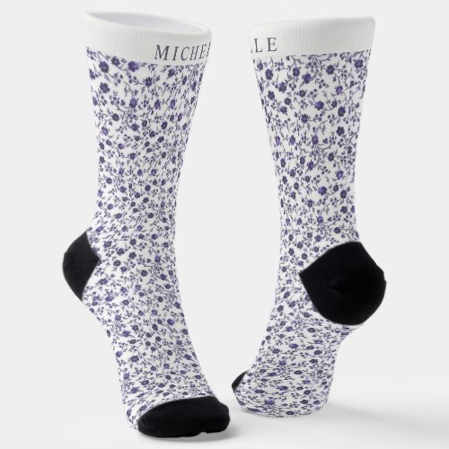 Custom White Floral Light Dark Purple Violet Socks