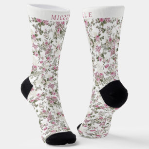 Custom White Floral Pink Rose Flowers Pattern Socks