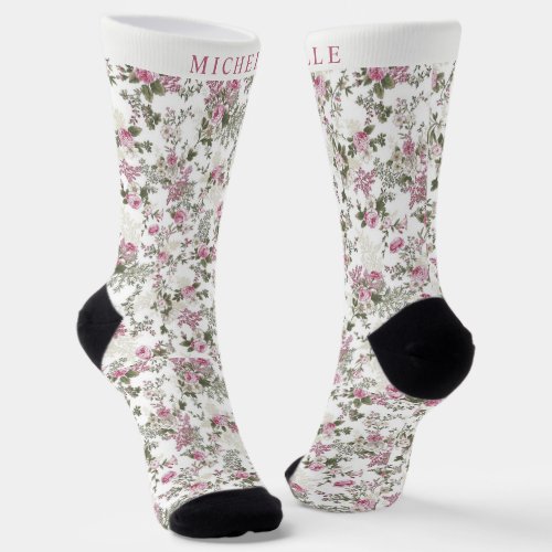 Custom White Floral Pink Rose Flowers Pattern  Socks