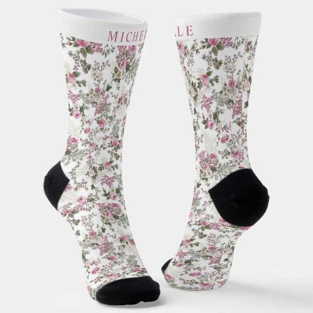 Custom White Floral Pink Rose Flowers Pattern  Socks (Angled)
