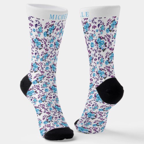 Custom White Floral Purple Blue Flowers Pattern Socks