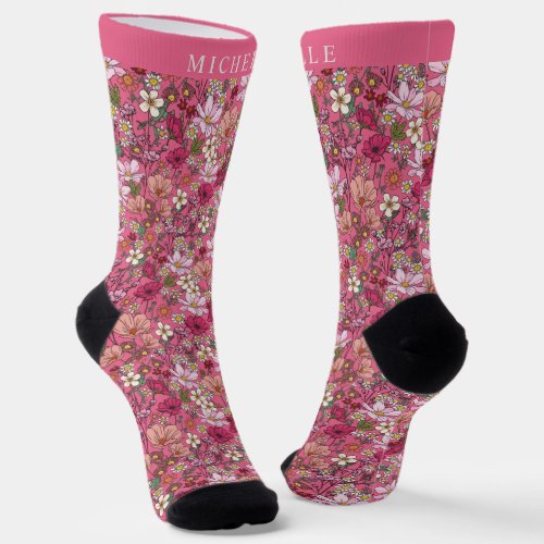 Custom White Flowers Pink Floral Pattern Socks