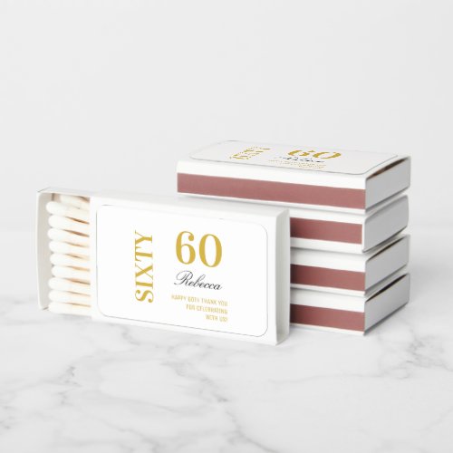 Custom White  Gold Modern 60th Birthday Party  Matchboxes