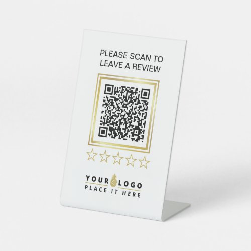 Custom White Gold QR Code Business Logo Review Pedestal Sign