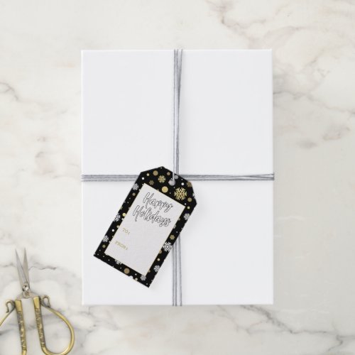 Custom White Gold Snowflakes Polkadots On Black Gift Tags