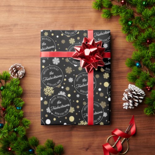 Custom White Gold Snowflakes Polkadots On Black Wrapping Paper