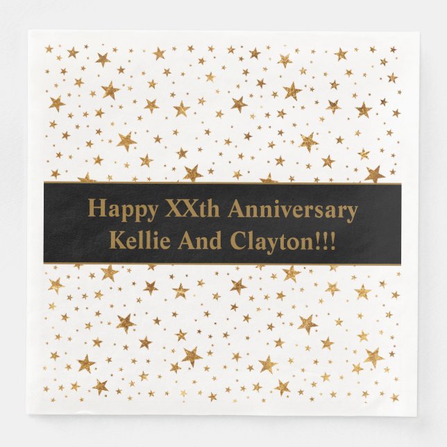 Custom White/Gold Stars With Message Anniversary Paper Dinner Napkins (Front)