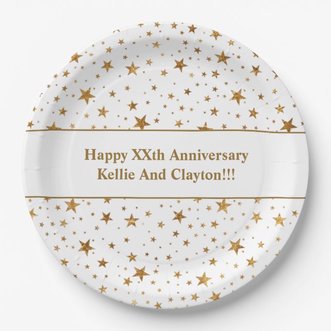 Custom White/Gold Stars With Message Anniversary Paper Plates (Front)