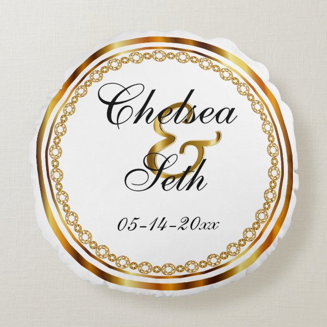 Custom White & Gold Wedding Round Pillow (Front)
