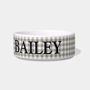 Custom White Gray Gingham Name Large Bowl