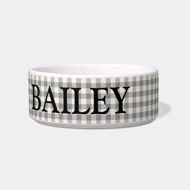 Custom White Gray Gingham Name Large Bowl (Front)