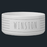 Custom White Gray Modern Farmhouse Cat Dog Bowl<br><div class="desc">Custom white and gray minimalistic modern farmhouse style thin multiple stripe pet food or water bowl with your cat or dog name printed on the side. Use the advanced template editor to change font,  background or stripe colors to match your decor or favorite colors.</div>