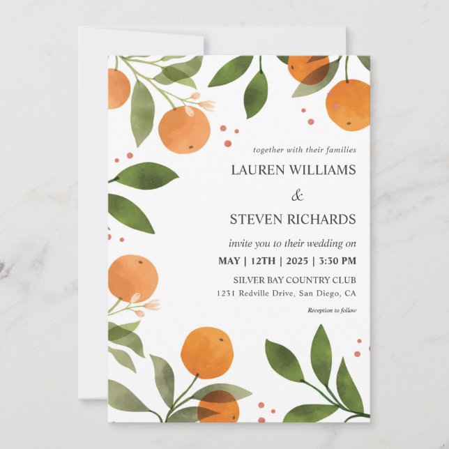 Custom White Green Oranges Green florals Wedding Invitation (Front)