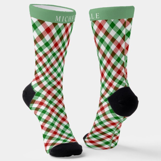 Custom White Green Red Checkered Pattern Socks (Angled)