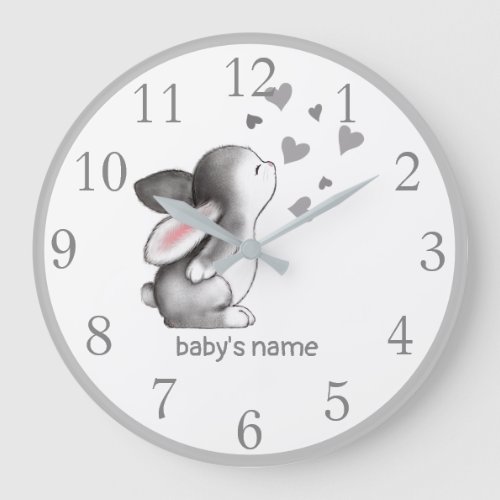 Custom White Grey Bunny Nursery Decor Wall Clock