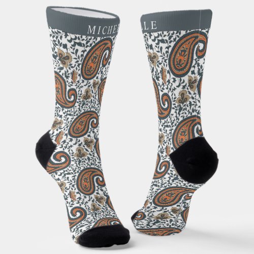 Custom White Grey Orange Paisley Pattern Socks