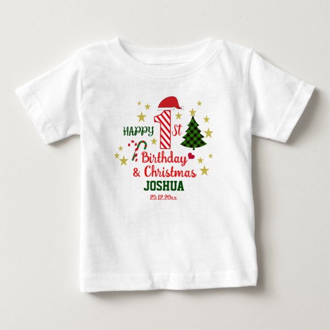 Custom White Happy 1st Birthday & First Christmas  Baby T-Shirt (Front)