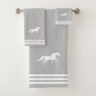 Custom White Horse & Three Stripes on Light Gray Bath Towel Set