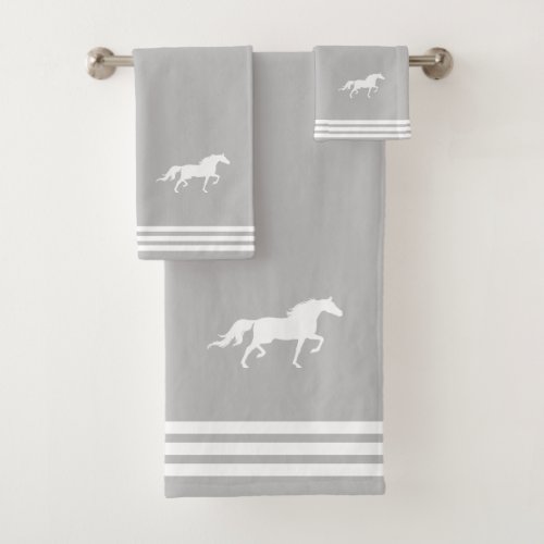 Custom White Horse  Three Stripes on Light Gray Bath Towel Set
