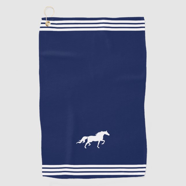 Custom White Horse & Three Stripes on Navy Blue Golf Towel (Front)