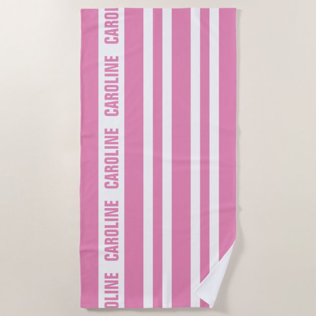 Custom White Hot Candy Pink Stripes Pattern Beach Towel (Front)