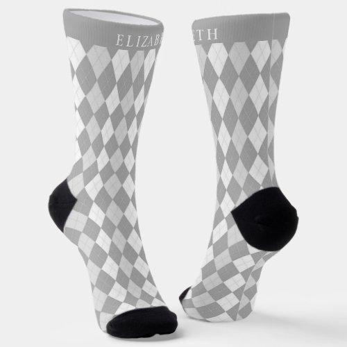 Custom White Light Dark Grey Argyle Pattern Socks
