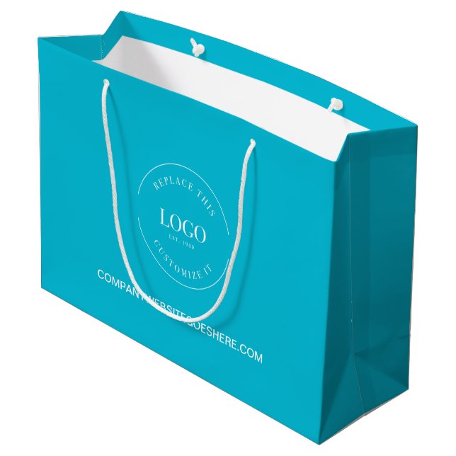 Custom white Logo on blue cyan Business website Large Gift Bag (Back Angled)