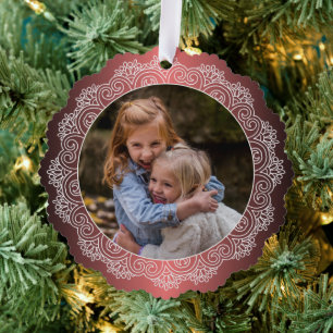 Custom White Mandala Wreath On Faux Red Metal Ornament Card