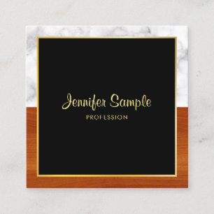 Custom White Marble Brown Wood Gold Modern Square Business Card
