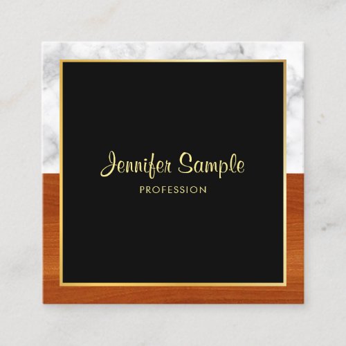 Custom White Marble Brown Wood Gold Modern Square Business Card