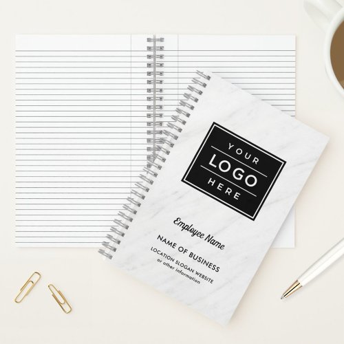 Custom White Marble Business Logo Employee Name Notebook