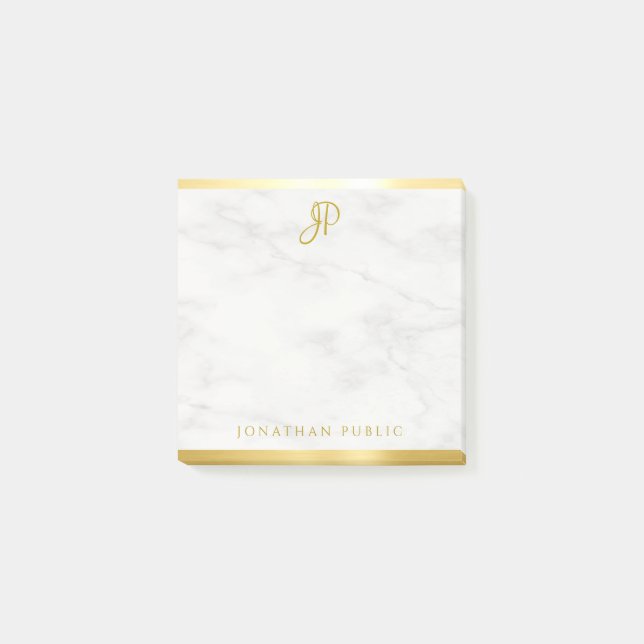 Custom White Marble Gold Calligraphy Monogram Post-it Notes (Front)
