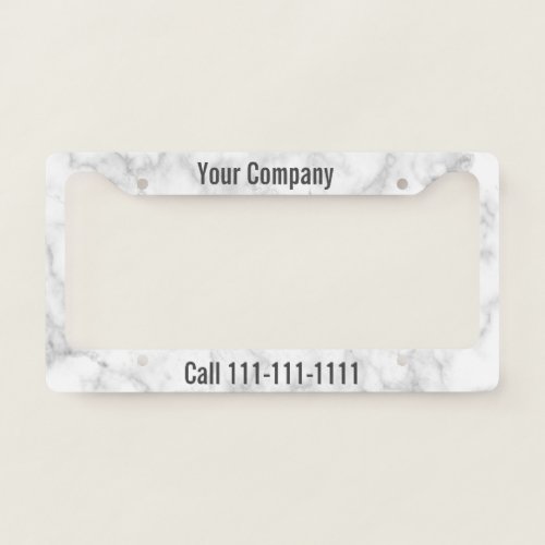 Custom White Marble Look Company Mobile Ad License Plate Frame