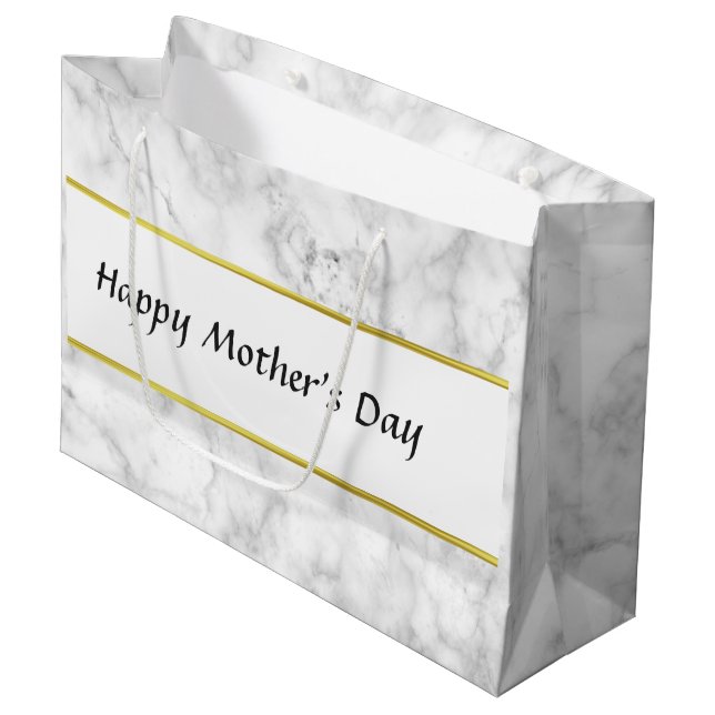 Custom White Marble Look Happy Mother's Day Large Gift Bag (Front Angled)