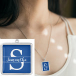 Custom White Monogram Initial Name Blue Square Silver Plated Necklace<br><div class="desc">Custom White Monogram Initial Name Blue Square Silver Plated Necklace. Personalize this template with your monogram initial and name. Edit it further to change the background color or add a photo,  or artwork. Contact Sandy at admin@giftsyoutreasure.com</div>