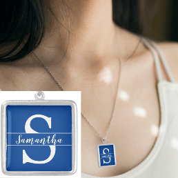 Custom White Monogram Initial Name Blue Square Silver Plated Necklace
