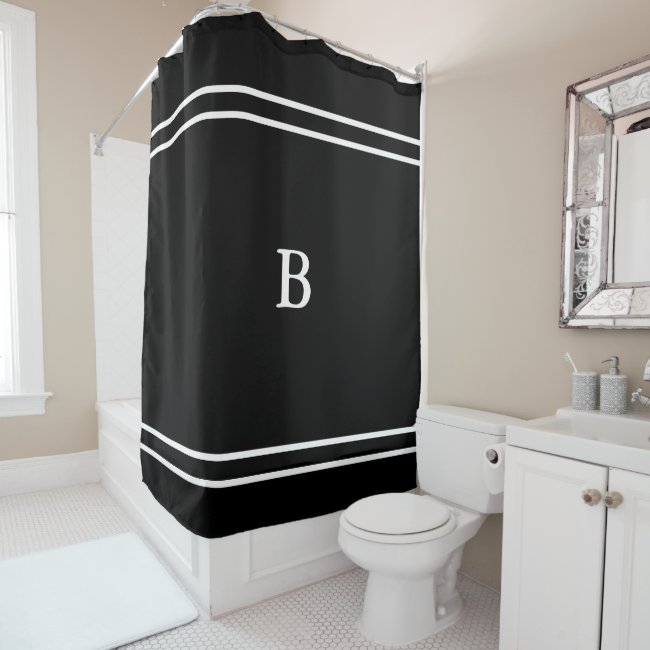 Custom White Monogram on Black and White Shower Curtain
