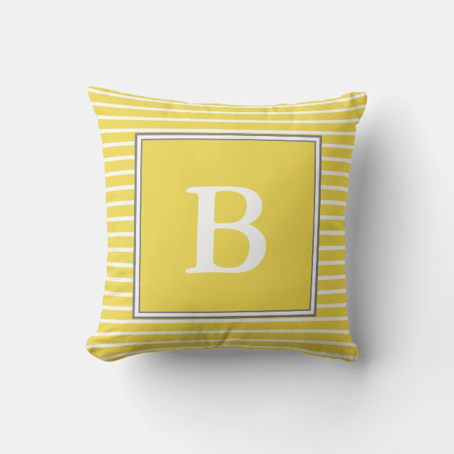 Custom White Monogram on White Gray and Yellow Throw Pillow (Front)
