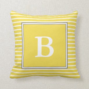 Custom White Monogram on White Gray and Yellow Throw Pillow