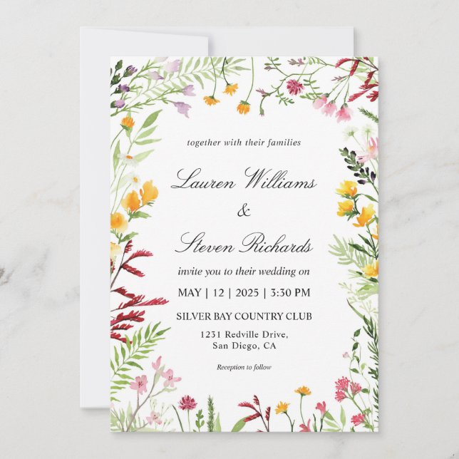 Custom White Multicolor Meadow Flowers  Wedding Invitation (Front)