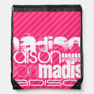 Custom White Name Pattern on Hot Pink Stripes Drawstring Bag