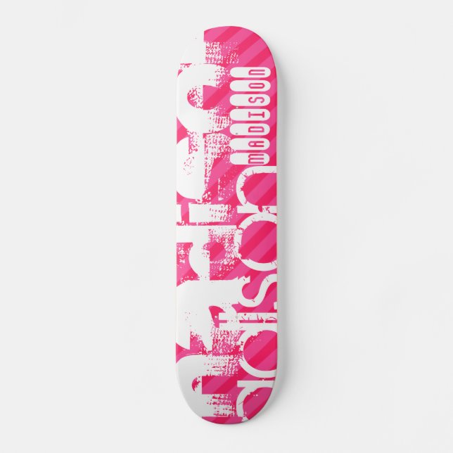 Custom White Name Pattern on Hot Pink Stripes Skateboard Deck (Front)