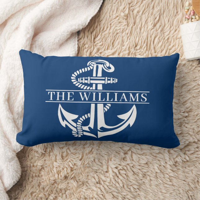 Custom White Nautical Anchor On Dark Navy Blue Lumbar Pillow (Blanket)