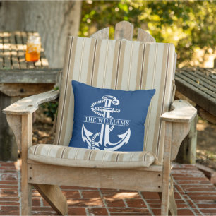 Custom White Nautical Anchor On Dark Navy Blue Outdoor Pillow